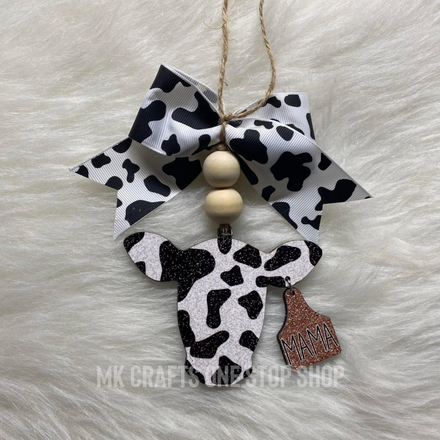 Faux Glitter "Mama" Cow With Ear Tag Acrylic Car Charm 2-Variations