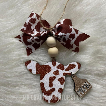 Faux Glitter "Mama" Cow With Ear Tag Acrylic Car Charm 2-Variations