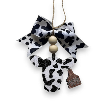 Faux Glitter "Mama" Cow With Ear Tag Acrylic Car Charm 2-Variations