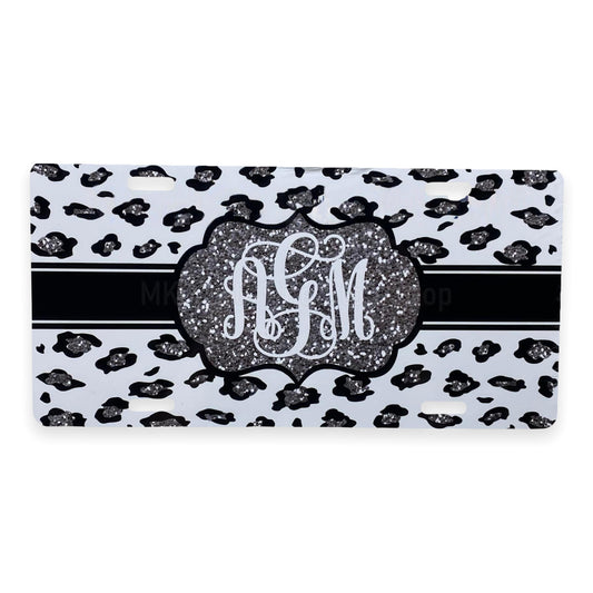 Personalized Monogram White Leopard Print License Plate