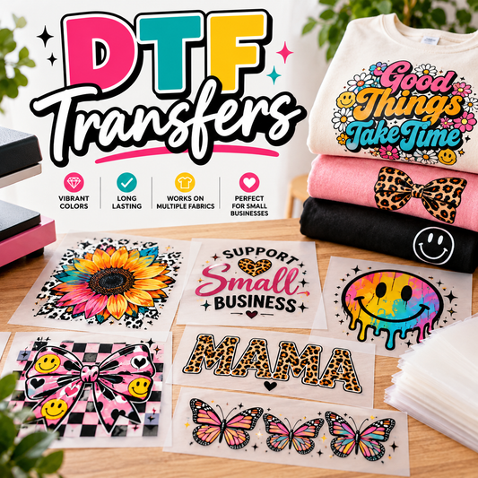 Custom DTF transfer examples with colorful artwork, decorated shirts, and transfer sheets on a work table