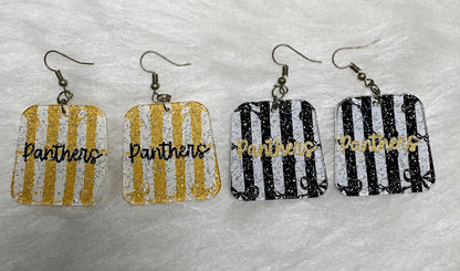 1.5” Glitter panthers script with bows dangle earrings - hypoallergenic hardware