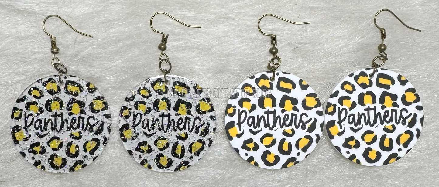 1.5” Panthers script leopard circle dangle earrings - hypoallergenic hardware