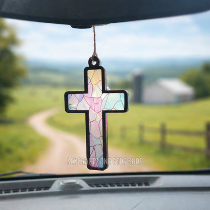 Stained glass look cross car charm