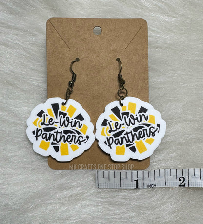 1.6” Pom Pom panther script dangle earrings - hypoallergenic hardware