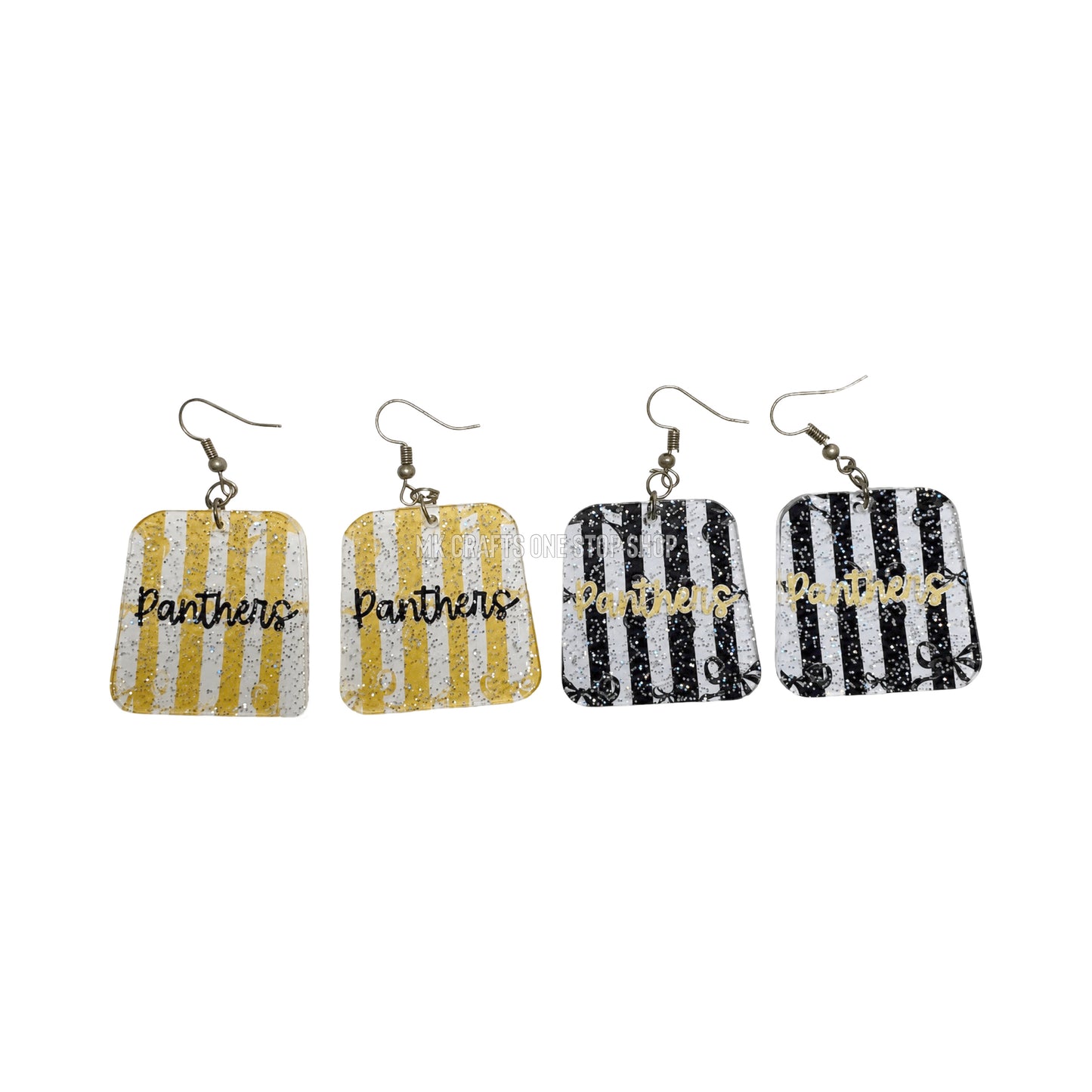 1.5” Glitter panthers script with bows dangle earrings - hypoallergenic hardware
