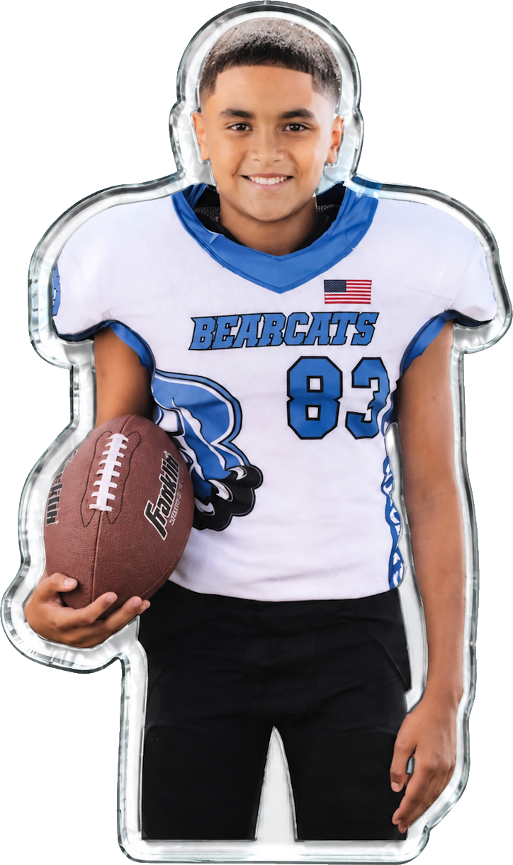 Close-up of a UV printed football player photo charm